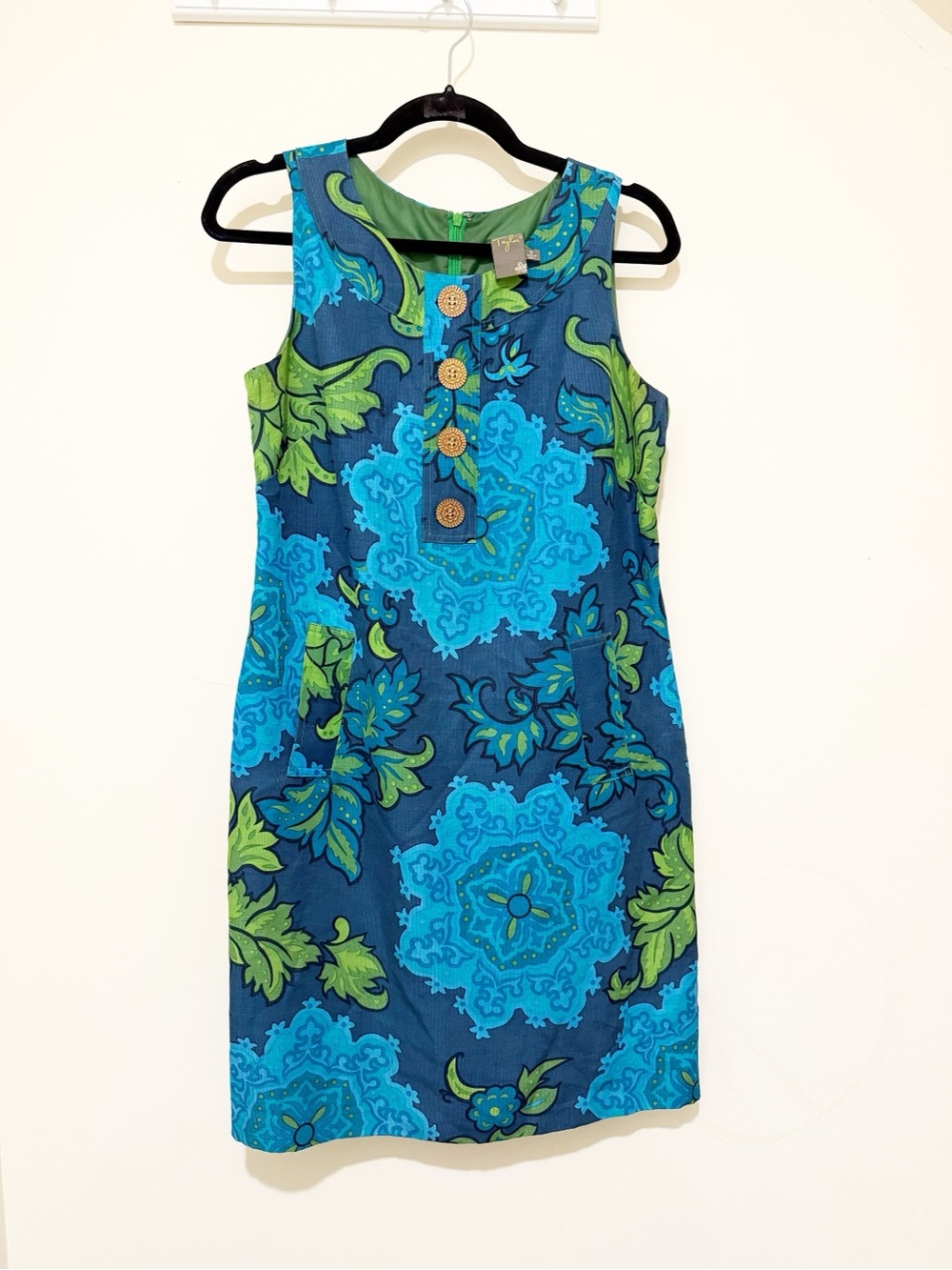 Taylor Blue & Green Sleeveless Button-Front Shift Dress